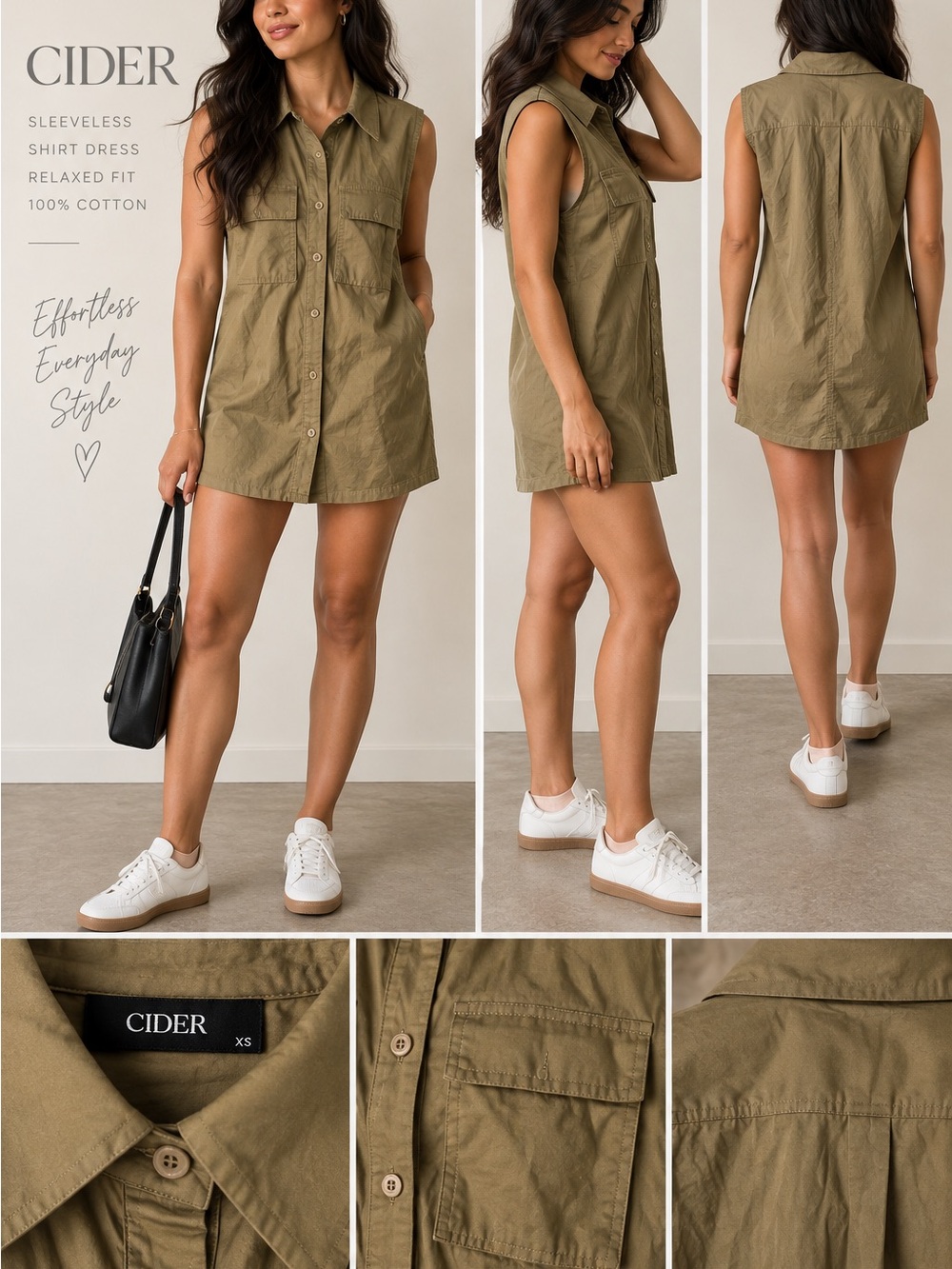 Cider Khaki Utility Mini Dress Sz XS | Sleeveless Cargo Pocket Shirt Dress